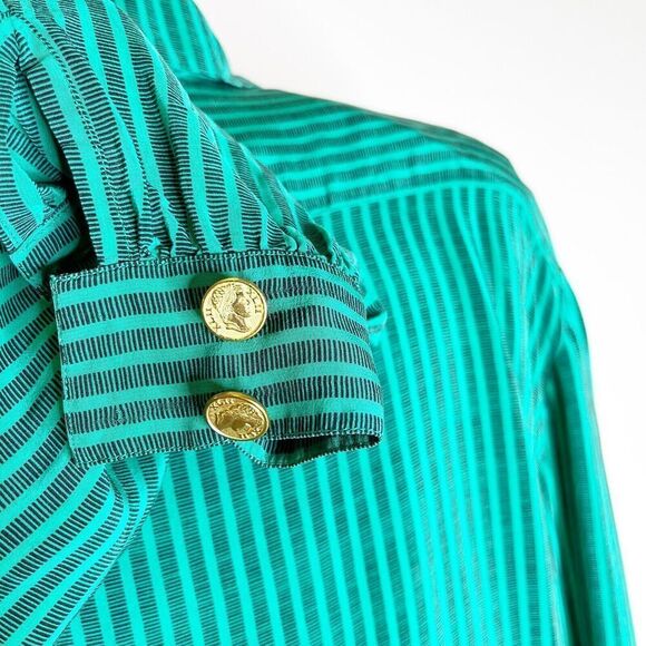 Vintage 80s Size M/L Silk Blouse Green Striped Popover Tunic Francesca of Damon - Picture 10 of 16